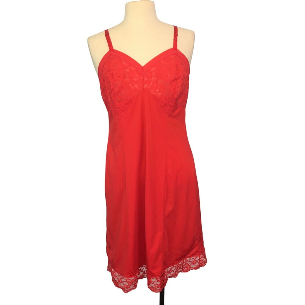 Texsheen‎ Vintage Sexy Red See Thru Lace Top, Full Slip, 38 bust